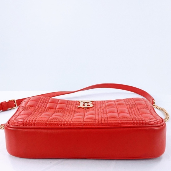 Burberry Lola Bag Bright Red Leather Quilted Check Gold Chain Strap Small - Picture 7 of 16